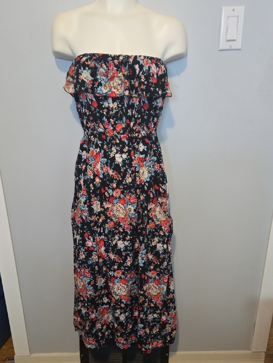 Vintage Dresses & Skirts - Vintage Black Floral Strapless Maxi Dress